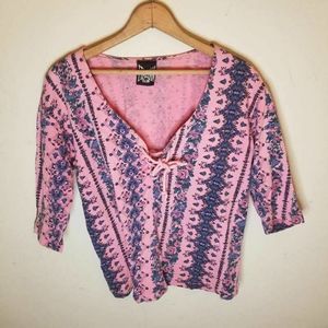 Italian Club Womens Blouse Pink Blue Floral 3/4 Sleeve Lace Up Vintage Top s